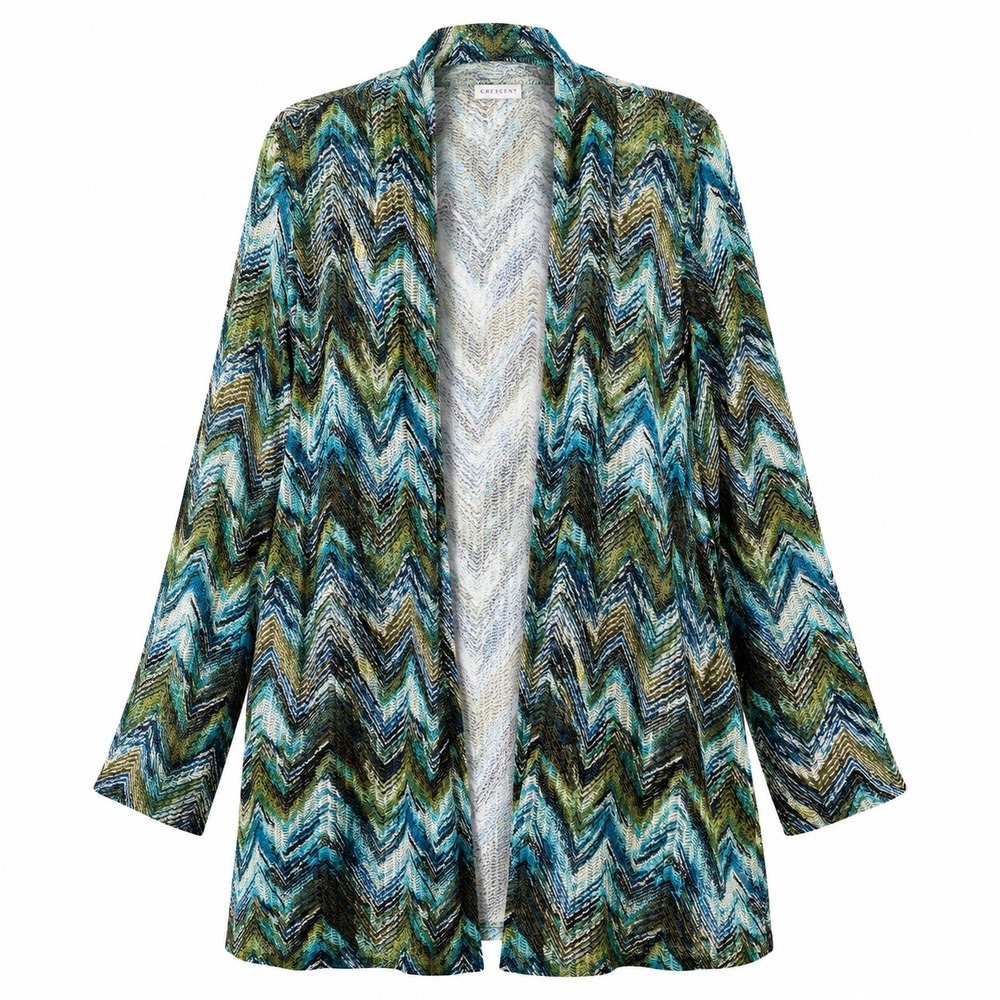 Susan Graver Duster Topper Womens 1X Blue Green Chevron Mesh Open Front Longline